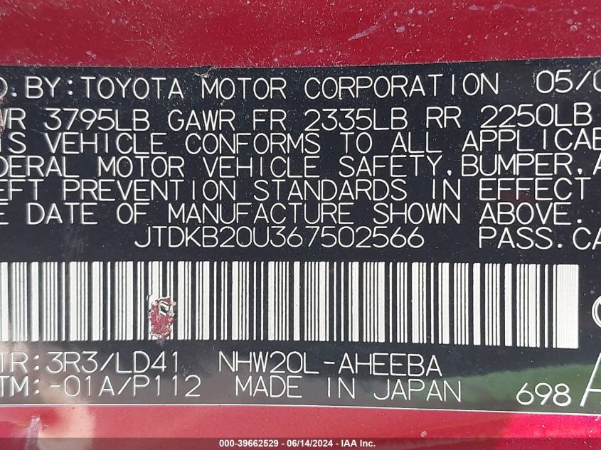 2006 Toyota Prius VIN: JTDKB20U367502566 Lot: 39662529