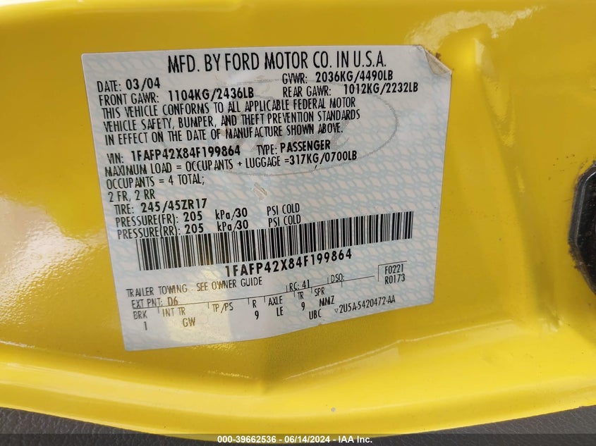 2004 Ford Mustang Gt VIN: 1FAFP42X84F199864 Lot: 39662536