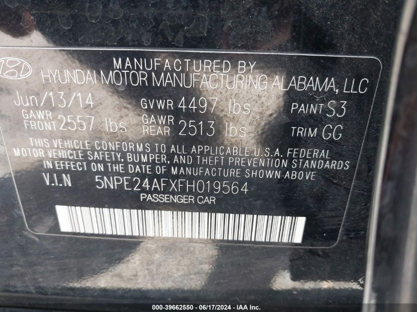 2015 Hyundai Sonata Se VIN: 5NPE24AFXFH019564 Lot: 39662550