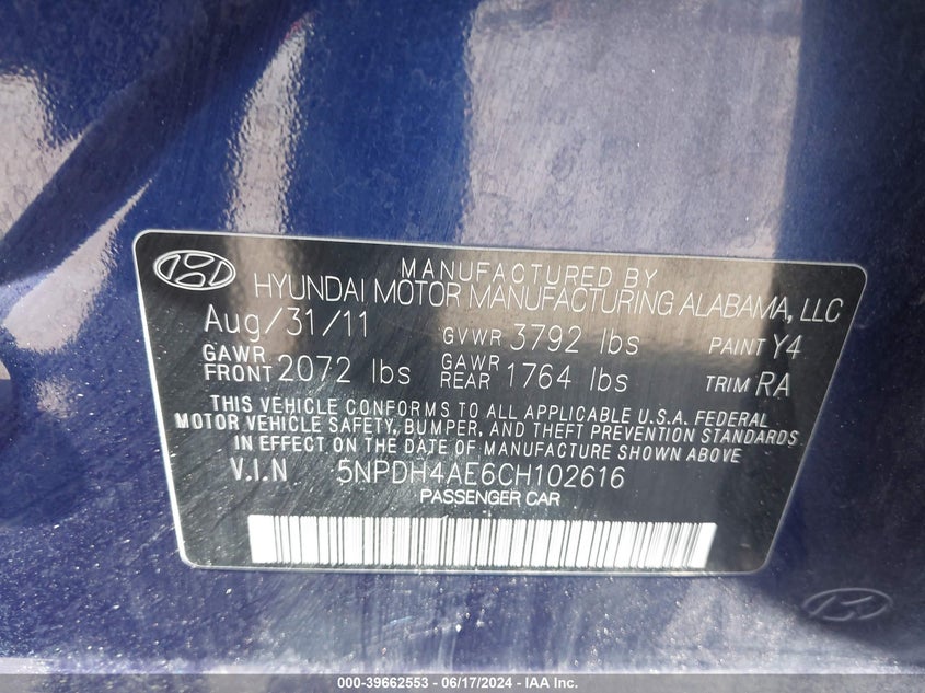 2012 Hyundai Elantra Limited VIN: 5NPDH4AE6CH102616 Lot: 39662553