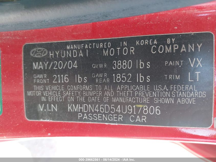 2004 Hyundai Elantra Gls/Gt VIN: KMHDN46D54U917806 Lot: 39662561