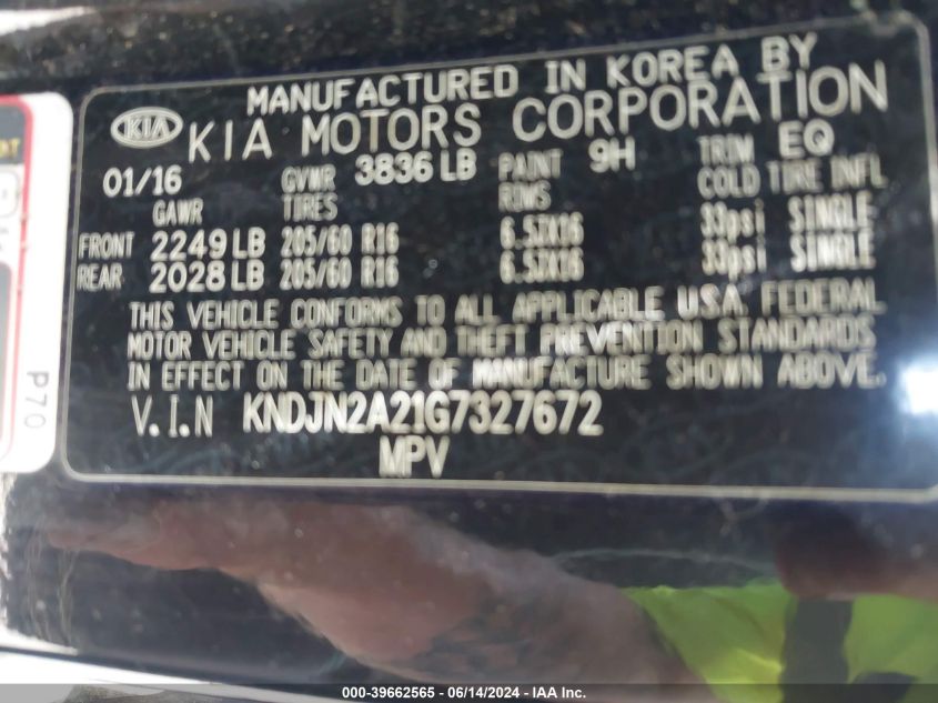 2016 Kia Soul VIN: KNDJN2A21G7327672 Lot: 39662565