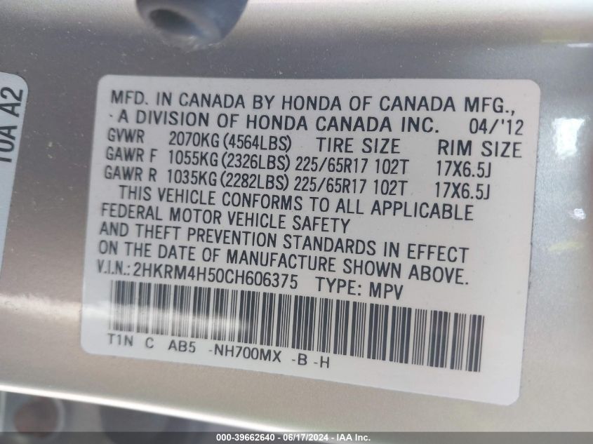 2HKRM4H50CH606375 2012 Honda Cr-V Ex