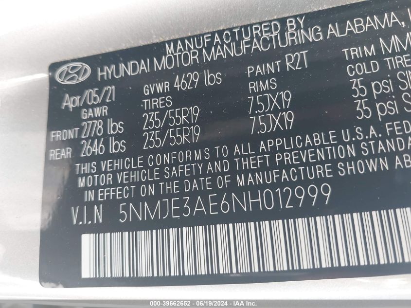 2022 Hyundai Tucson Limited VIN: 5NMJE3AE6NH012999 Lot: 39662652