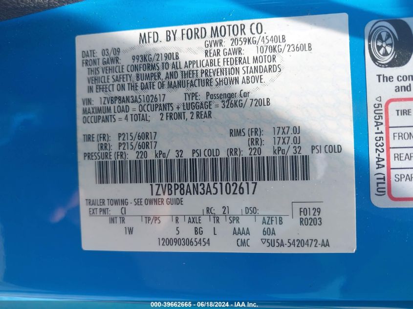 2010 Ford Mustang V6/V6 Premium VIN: 1ZVBP8AN3A5102617 Lot: 39662665