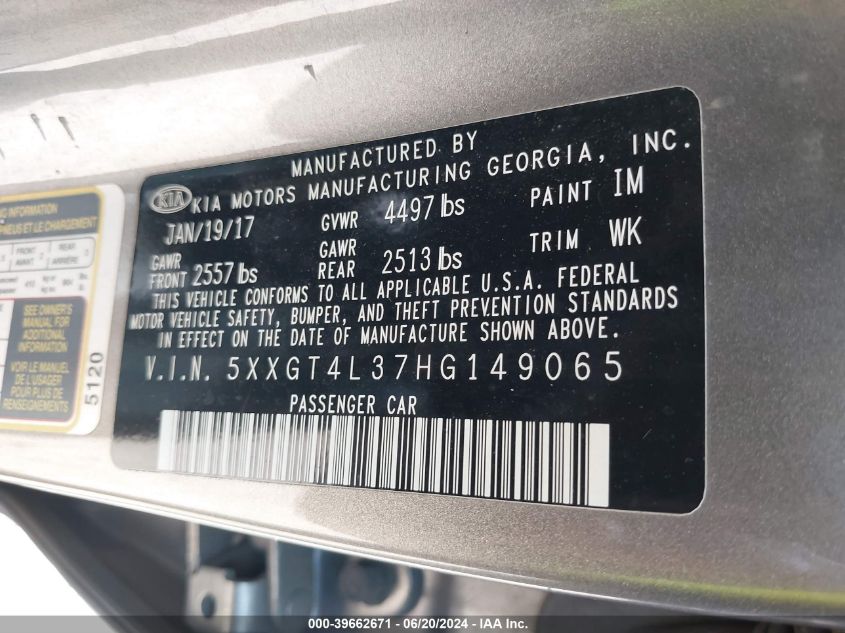 2017 Kia Optima Lx VIN: 5XXGT4L37HG149065 Lot: 39662671