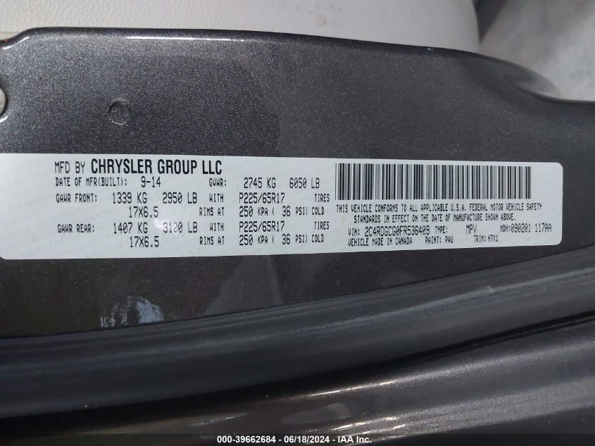 2015 Dodge Grand Caravan Sxt VIN: 2C4RDGCG0FR536409 Lot: 39662684