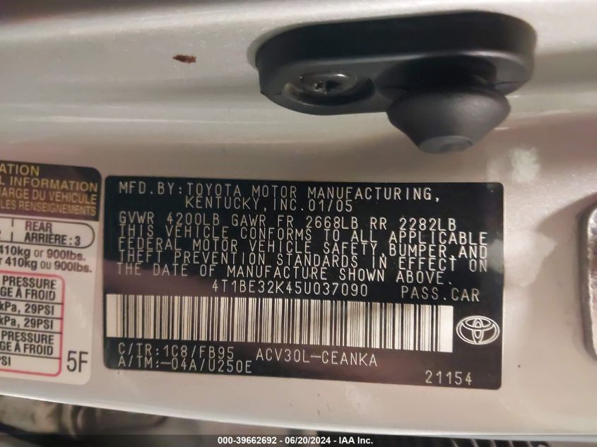 2005 Toyota Camry Le VIN: 4T1BE32K45U037090 Lot: 39662692