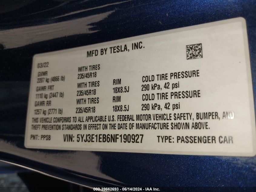 2022 Tesla Model 3 Long Range Dual Motor All-Wheel Drive VIN: 5YJ3E1EB6NF190927 Lot: 39662693