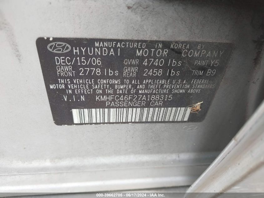 KMHFC46F27A188315 2007 Hyundai Azera Limited/Se