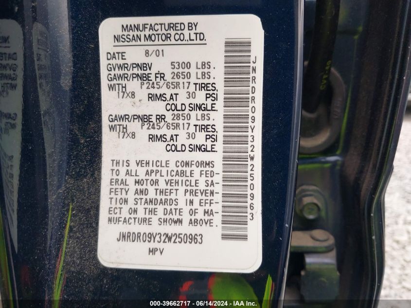 2002 Infiniti Qx4 Luxury VIN: JNRDR09Y32W250963 Lot: 39662717