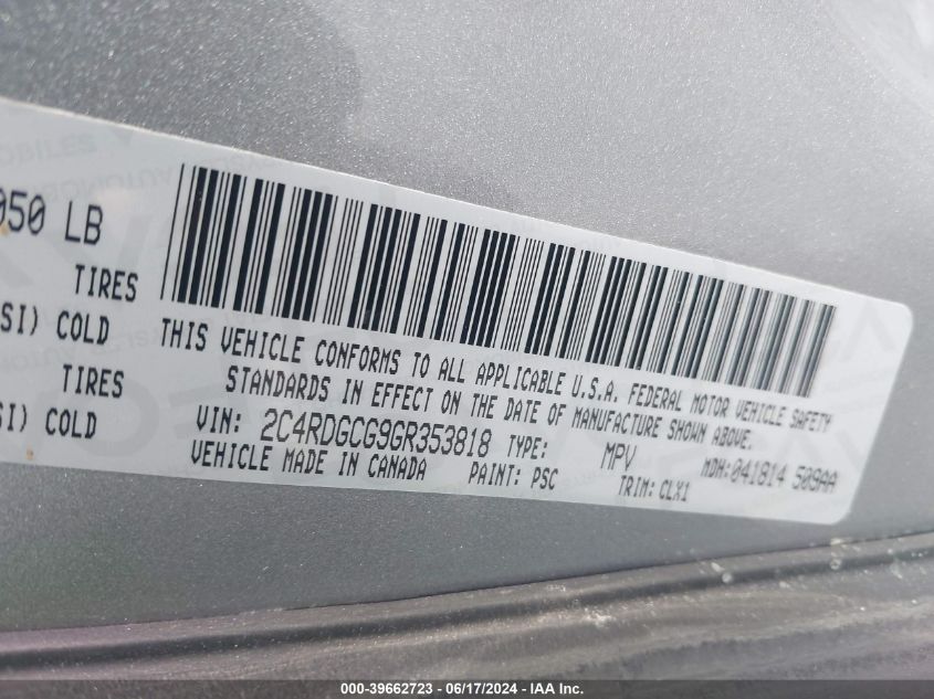 2016 Dodge Grand Caravan Sxt VIN: 2C4RDGCG9GR353818 Lot: 39662723