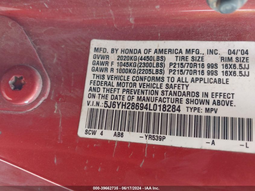 2004 Honda Element Ex VIN: 5J6YH28694L018284 Lot: 39662735