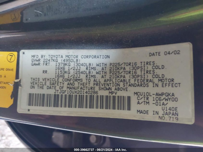 2002 Lexus Rx 300 VIN: JTJGF10UX20140286 Lot: 39662737