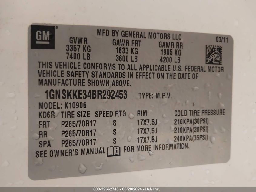 2011 Chevrolet Suburban 1500 Ltz VIN: 1GNSKKE34BR292453 Lot: 39662748