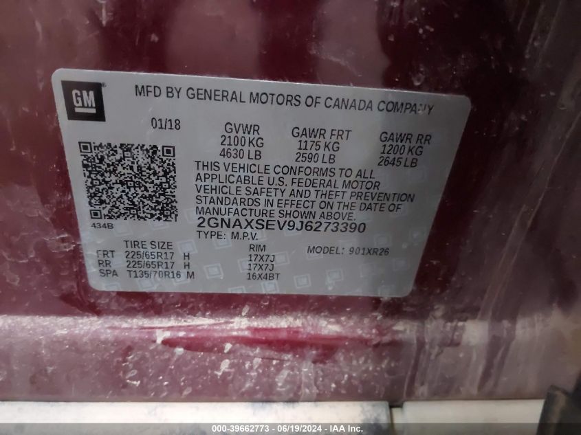 2018 Chevrolet Equinox Lt VIN: 2GNAXSEV9J6273390 Lot: 39662773