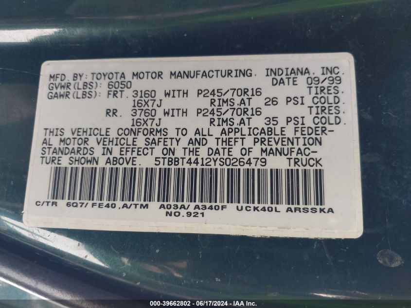 2000 Toyota Tundra Sr5 V8 VIN: 5TBBT4412YS026479 Lot: 39662802