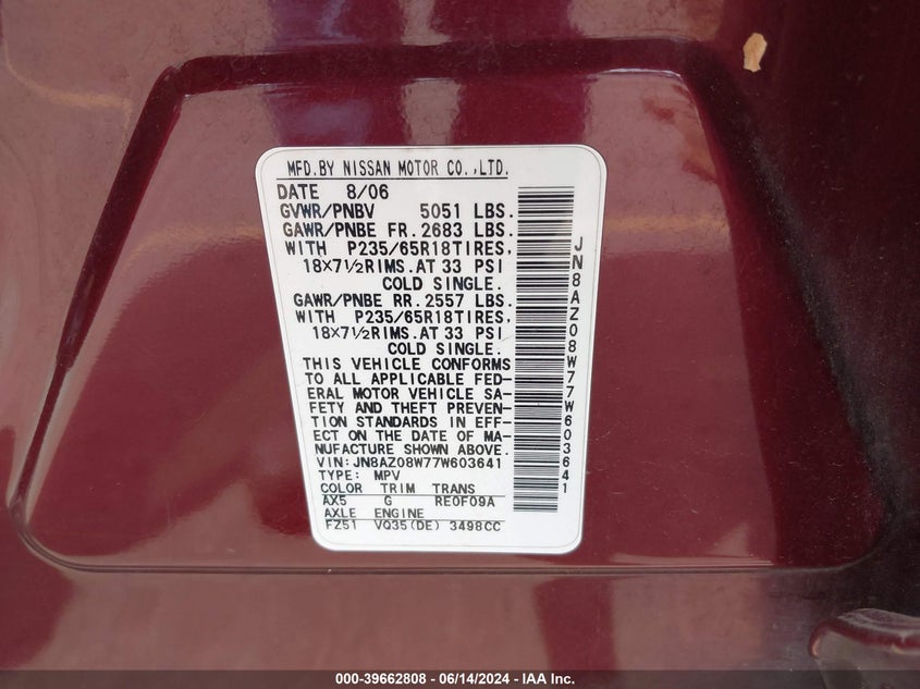 2007 Nissan Murano Se VIN: JN8AZ08W77W603641 Lot: 39662808