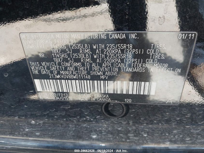 2011 Toyota Rav4 Sport V6 VIN: 2T3WK4DV8BW011148 Lot: 39662828