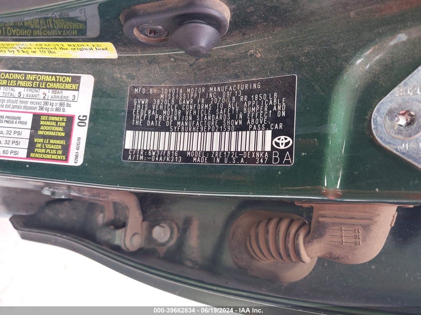 2014 Toyota Corolla Le Plus VIN: 5YFBURHE9EP021590 Lot: 39662834