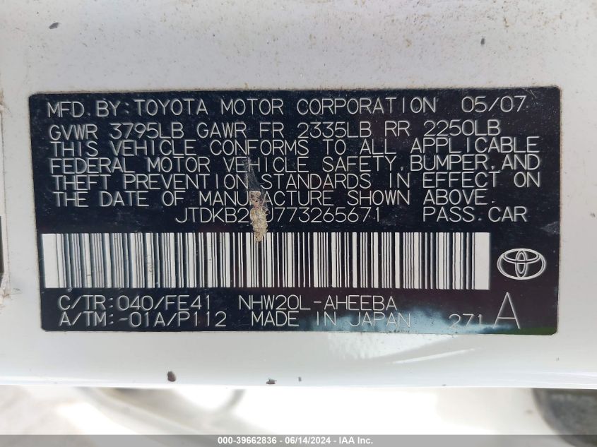 2007 Toyota Prius VIN: JTDKB20U773265671 Lot: 39662836