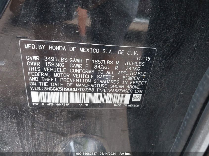 2016 Honda Fit Ex-L VIN: 3HGGK5H96GM703958 Lot: 39662837