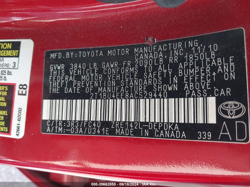 2010 Toyota Corolla Le VIN: 2T1BU4EE8AC529440 Lot: 39662855