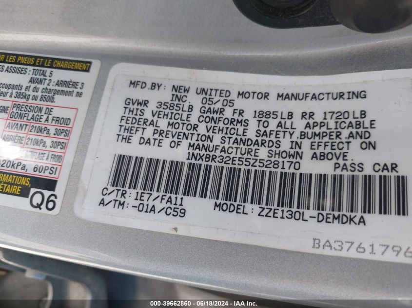 2005 Toyota Corolla Ce VIN: 1NXBR32E55Z528170 Lot: 39662860