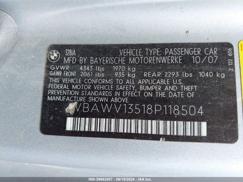2008 BMW 328I VIN: WBAWV13518P118504 Lot: 39662887