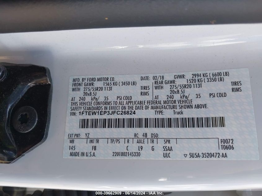 2018 Ford F-150 Xlt VIN: 1FTEW1EP3JFC26824 Lot: 39662909