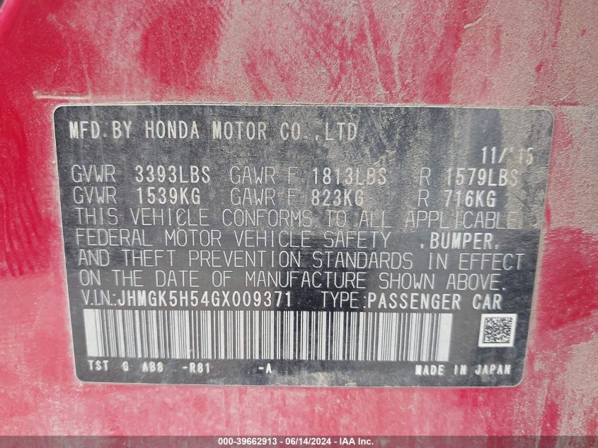 2016 Honda Fit Lx VIN: JHMGK5H54GX009371 Lot: 39662913