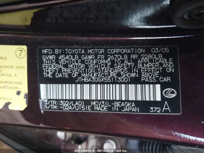 2005 Lexus Es 330 VIN: JTHBA30GX55113001 Lot: 39662918