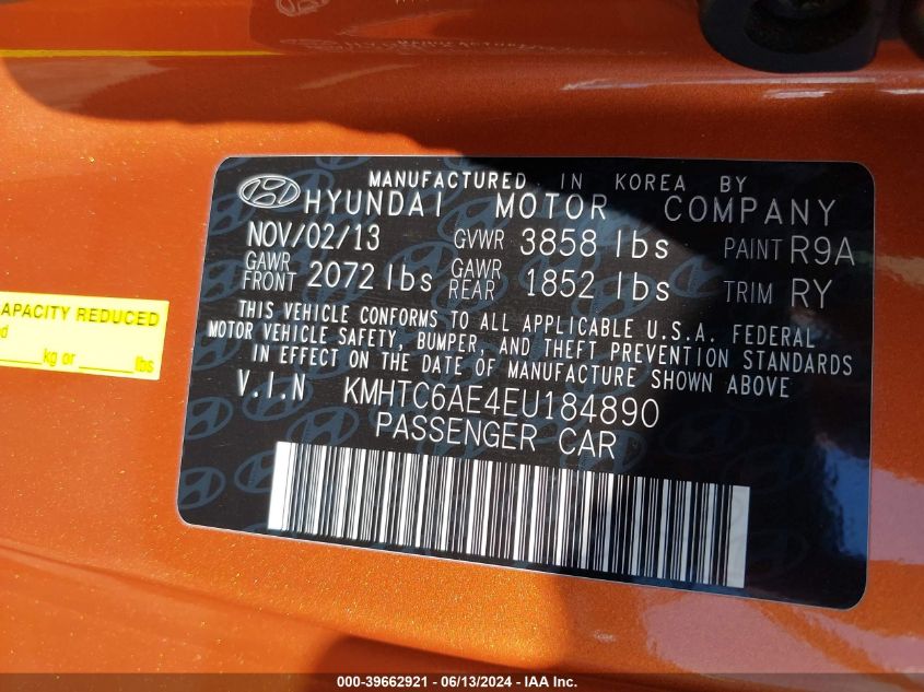 2014 Hyundai Veloster Turbo W/Black VIN: KMHTC6AE4EU184890 Lot: 39662921