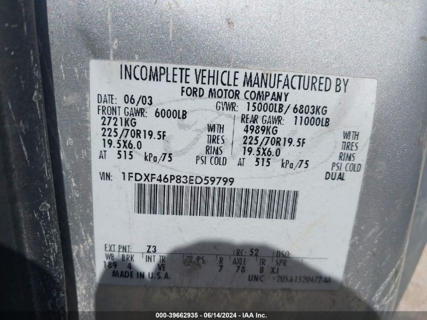 2003 Ford F-450 VIN: 1FDXF46P83ED59799 Lot: 39662935