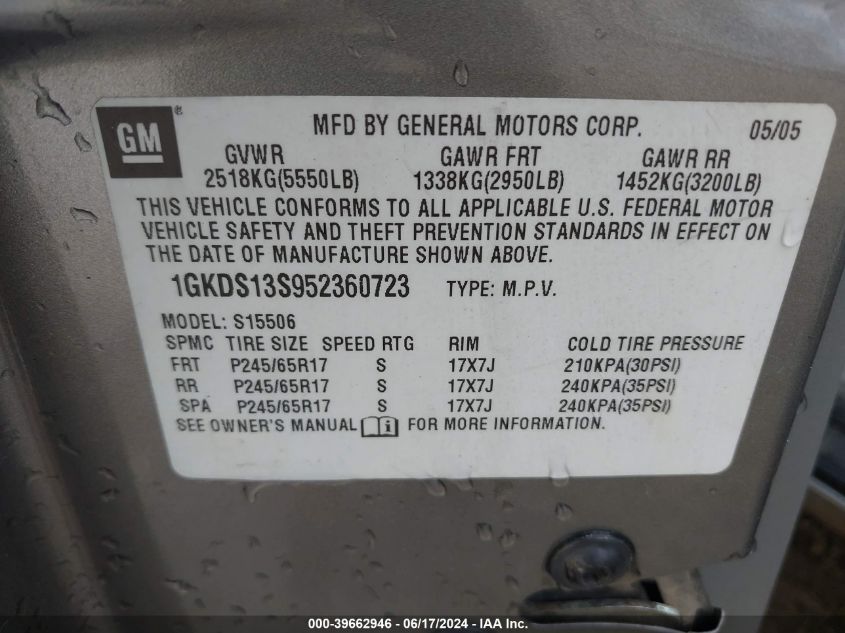 2005 GMC Envoy Slt VIN: 1GKDS13S952360723 Lot: 39662946