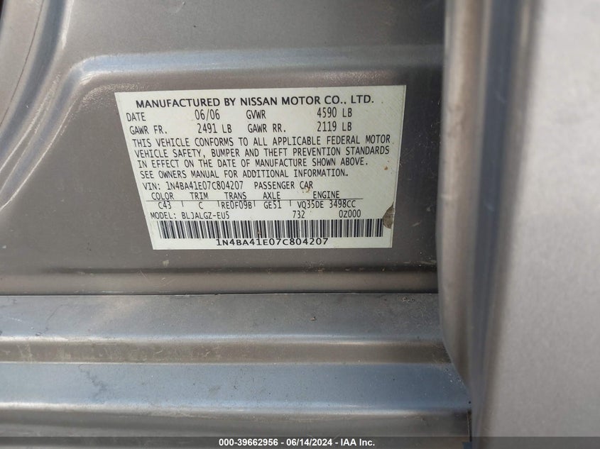 2007 Nissan Maxima 3.5 Sl VIN: 1N4BA41E07C804207 Lot: 39662956