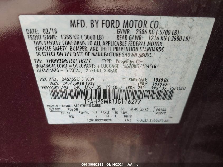 2018 Ford Police Interceptor VIN: 1FAHP2MK1JG116277 Lot: 39662962