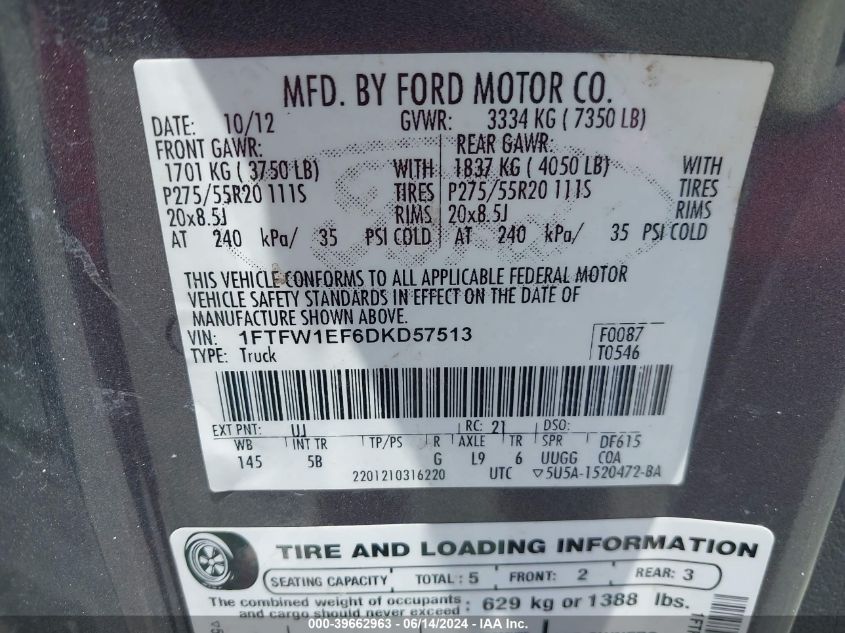 2013 Ford F-150 Fx4 VIN: 1FTFW1EF6DKD57513 Lot: 39662963