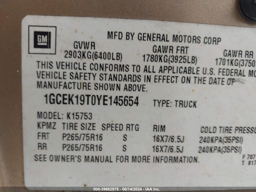 2000 Chevrolet Silverado 1500 Ls VIN: 1GCEK19T0YE145654 Lot: 39662975