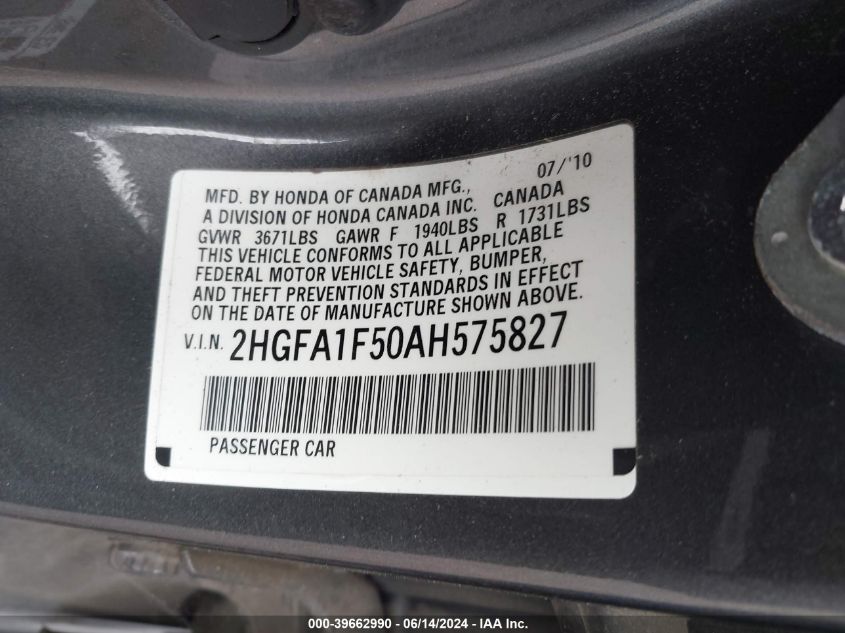 2010 Honda Civic Lx VIN: 2HGFA1F50AH575827 Lot: 39662990