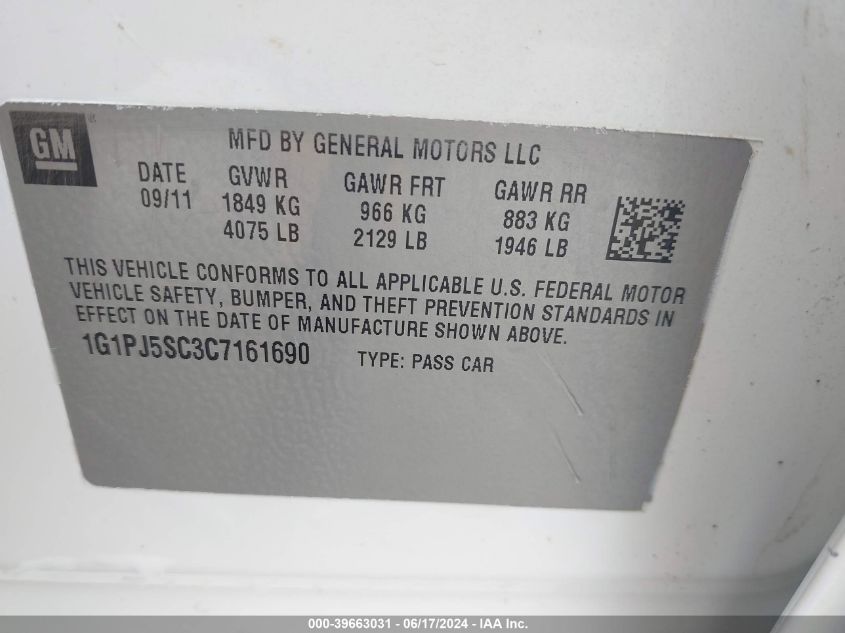 2012 Chevrolet Cruze Eco VIN: 1G1PJ5SC3C7161690 Lot: 39663031