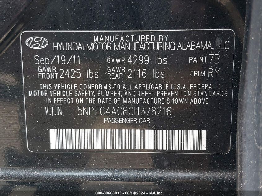 5NPEC4AC8CH378216 | 2012 HYUNDAI SONATA