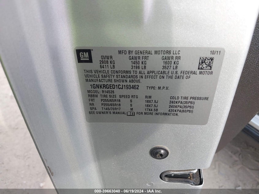 2012 Chevrolet Traverse 1Lt VIN: 1GNKRGED1CJ193462 Lot: 39663040