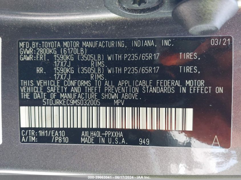 5TDJRKEC9MS032005 2021 Toyota Sienna Xle