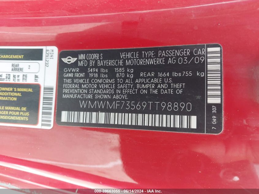 2009 Mini Cooper S VIN: WMWMF73569TT98890 Lot: 39663055