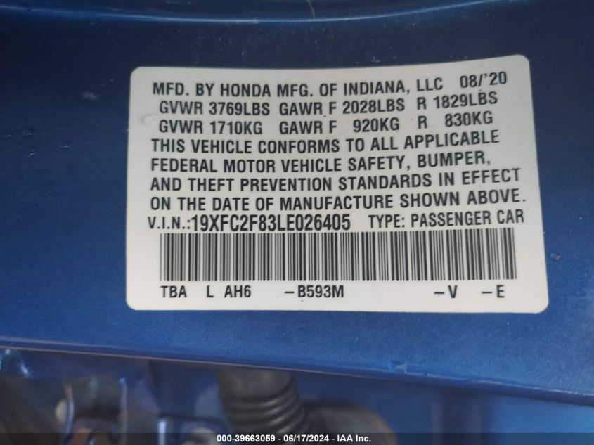 2020 Honda Civic Sport VIN: 19XFC2F83LE026405 Lot: 39663059