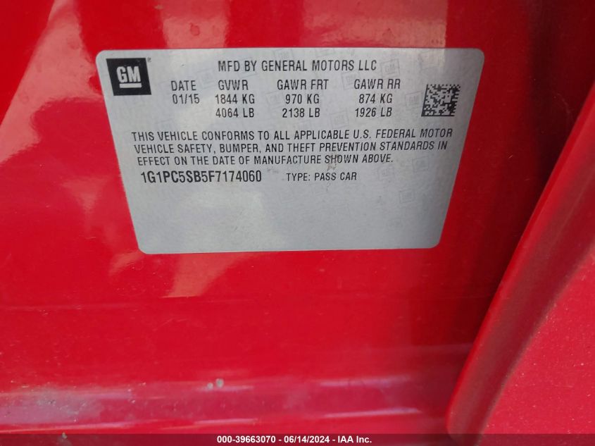 2015 Chevrolet Cruze 1Lt Auto VIN: 1G1PC5SB5F7174060 Lot: 39663070