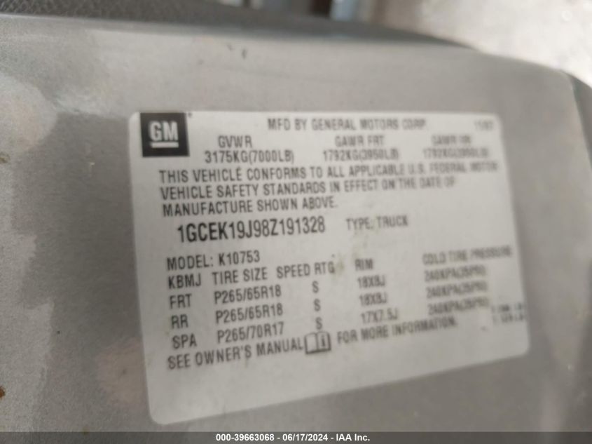 2008 Chevrolet Silverado 1500 Lt1 VIN: 1GCEK19J98Z191328 Lot: 39663068