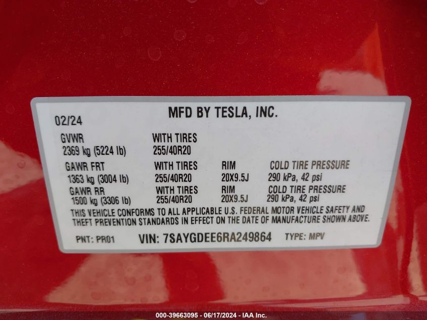 2024 Tesla Model Y Long Range Dual Motor All-Wheel Drive VIN: 7SAYGDEE6RA249864 Lot: 39663095