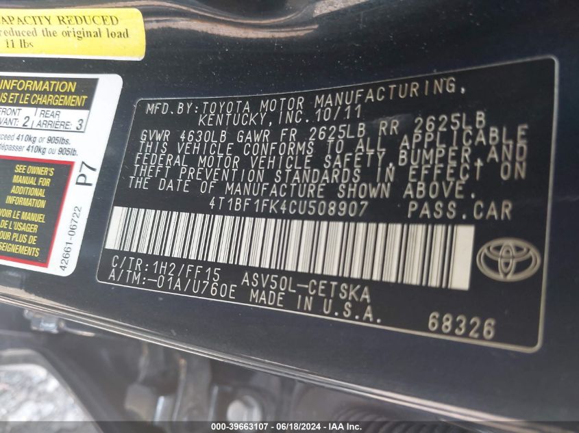 2012 TOYOTA CAMRY VIN: 4T1BF1FK4CU508907